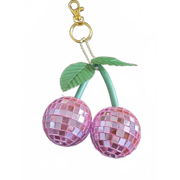 Pink Disco Cherry Keychain, Sparkly Retro Mirror Charm for Purse, Backpack, Bag - Picture 5 of 5